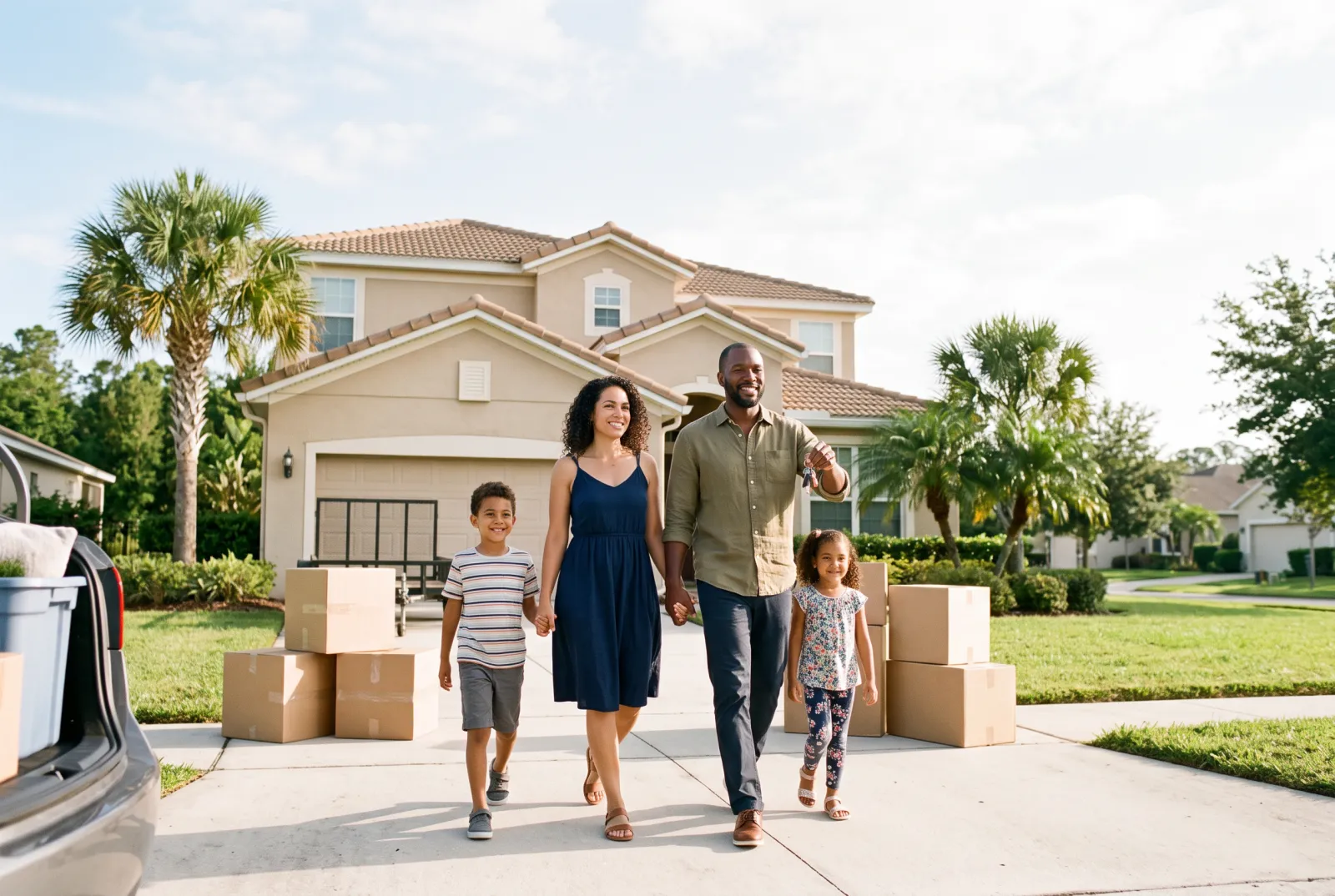 A family in the driveway of their home, keys in hand, ready to move up
