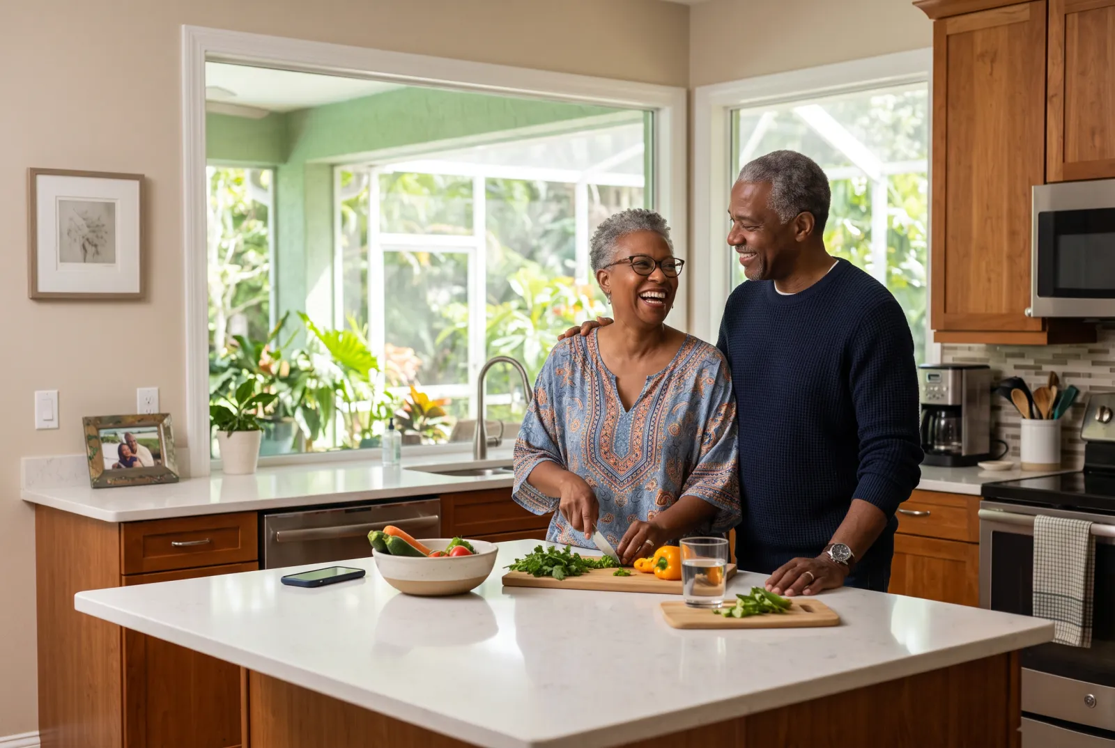 A relaxed couple at home in their kitchen