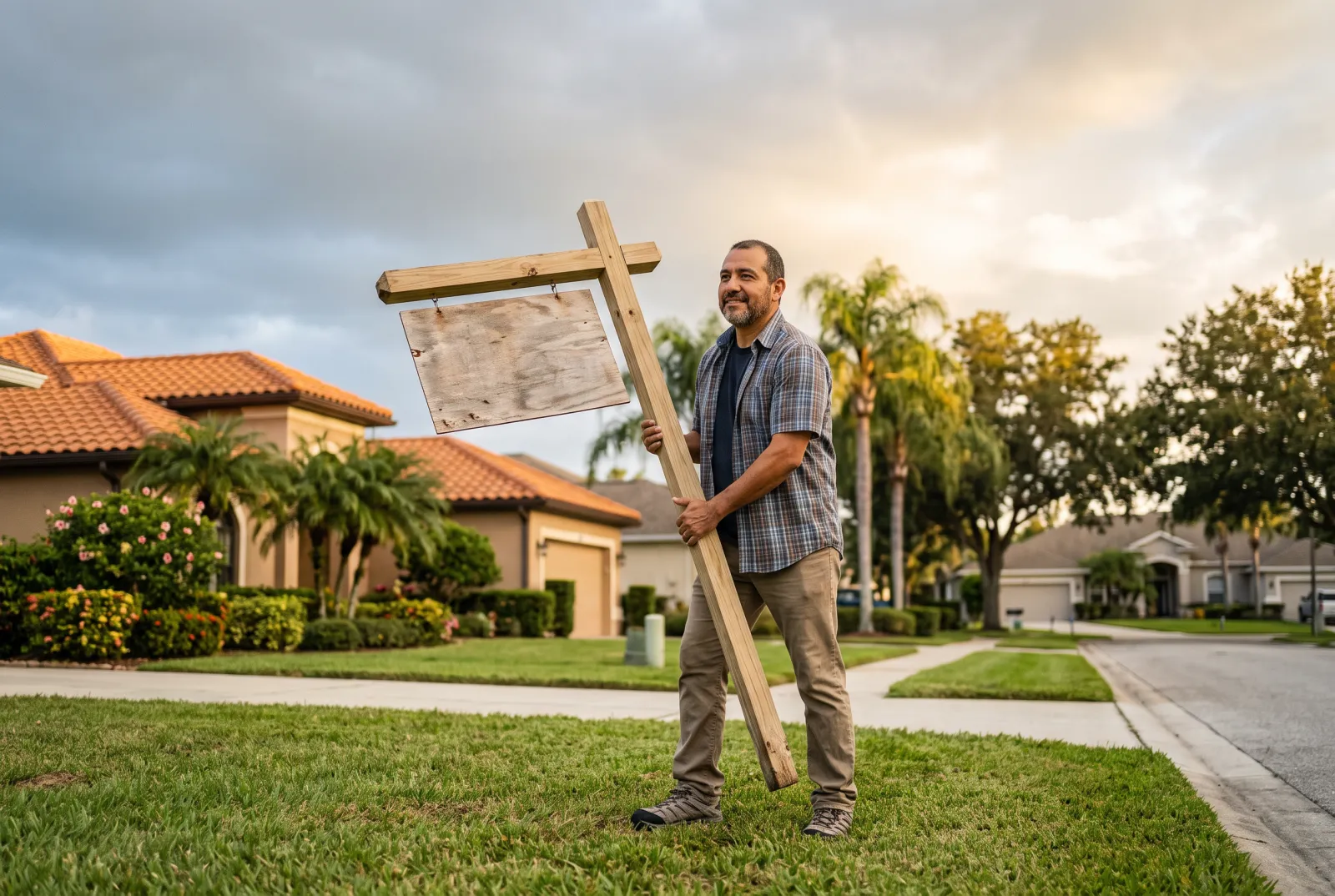 A homeowner lifting a for-sale sign from the front yard of a well-kept home
